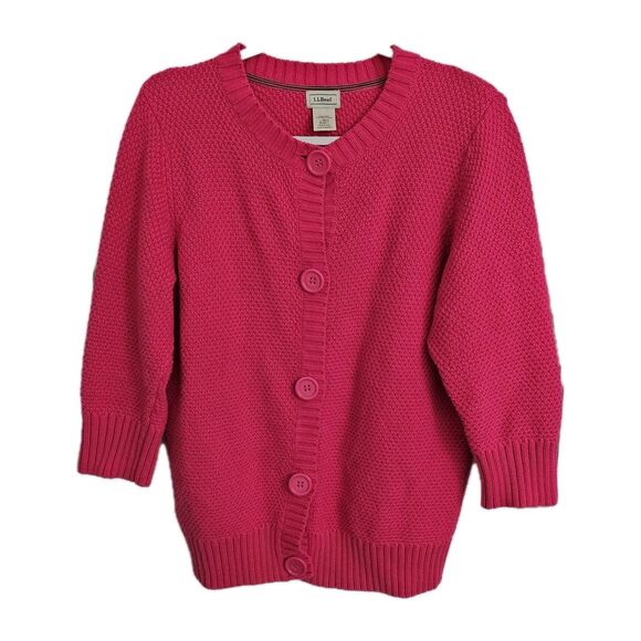 LL Bean Cardigan Sweater Womens Large Pink Knit Button Front 3/4 Sleeves Cotton - Picture 1 of 9